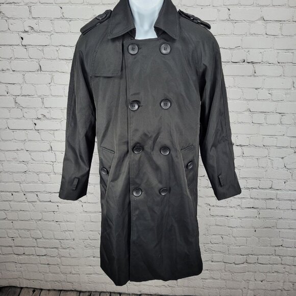 AOWOFS Black Double Breasted Vented Back Inner Pocket Trench Pea Coat Small S - Picture 1 of 12
